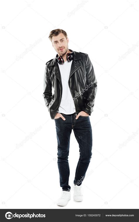 Stylish Man In Leather Jacket With Headphones Stock Photo By