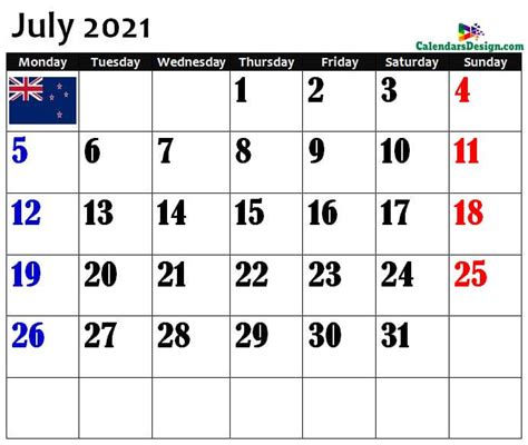 July 2021 Calendar Nz