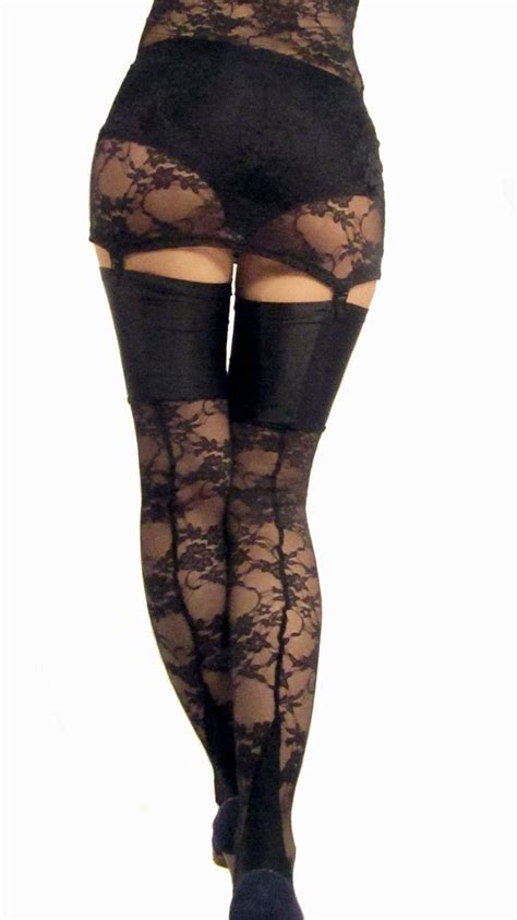 Black Seamed Cuban Heel Lace Stockings With Spandex Top Etsy
