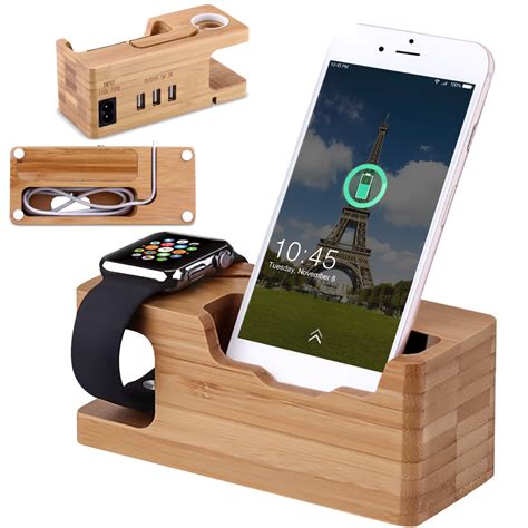 Usb Charging Station Phone Stand With 3 Usb Charging Port Bamboo Wood