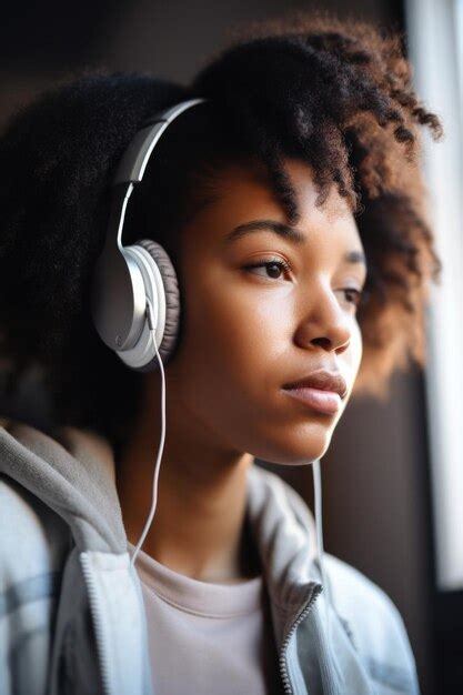 Premium Ai Image Closeup Of A Young Woman Wearing Headphones While