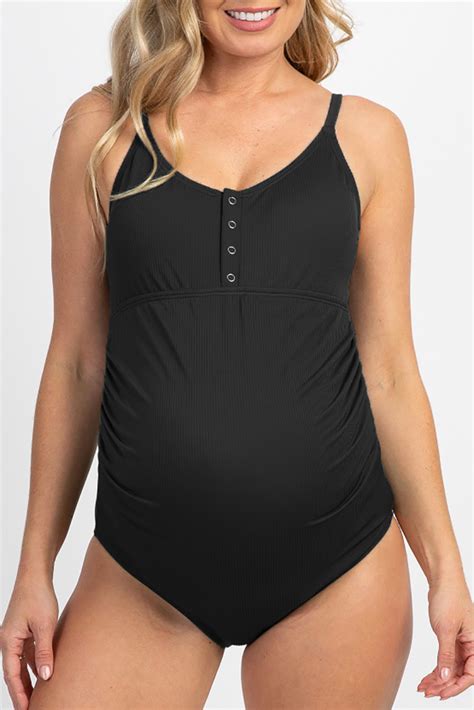 Us 698 Black Ribbed Snap Front One Piece Maternity Swimsuit