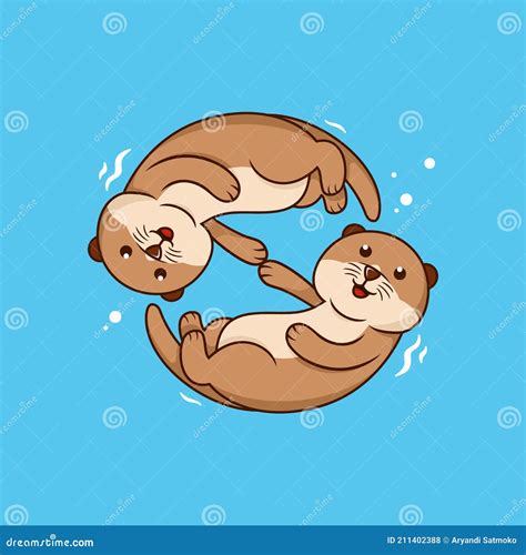 Cute Cartoon Otter Couple Holding Hands. Kawaii Little Otters in Love