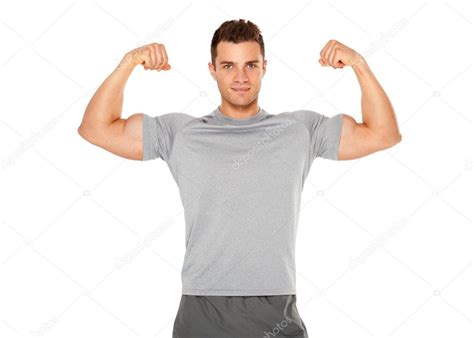 Fit And Muscular Man Flexing His Biceps On White — Stock Photo © Dashek