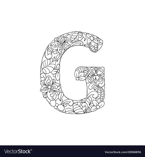Coloring Book Ornamental Alphabet Letter G Font Vector Image