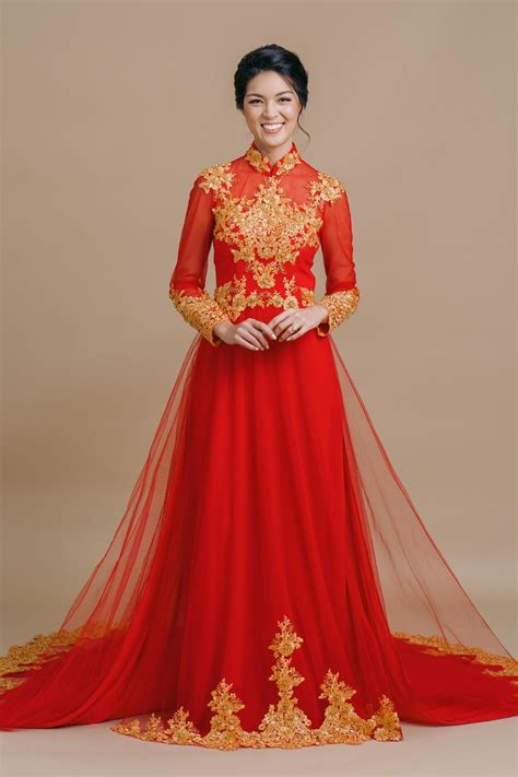 Traditional Vietnamese Wedding Dress Red And Gold Ao Dai East Meets