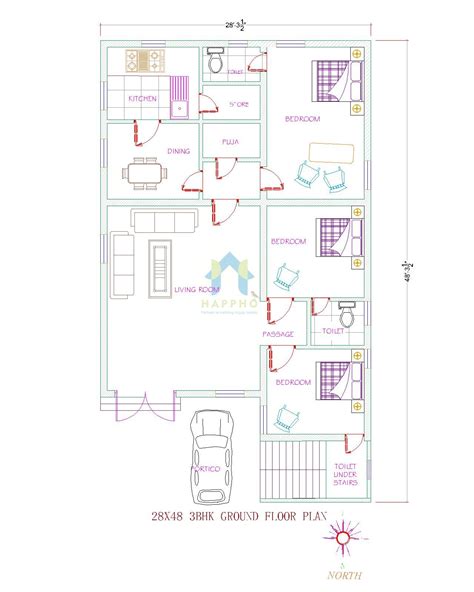 28x48 North Facing Modern House 3 Bhk Plan 093 Happho