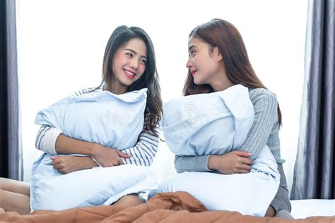 Two Asian Lesbian Looking Together In Bedroom Beauty Concept Ha Stock Image Image Of Bright