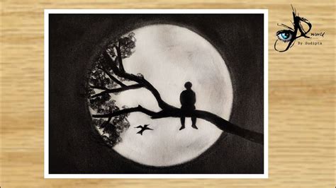 How To Draw Pencil Drawing An Alone Boy Moonlight Scenery Drawing