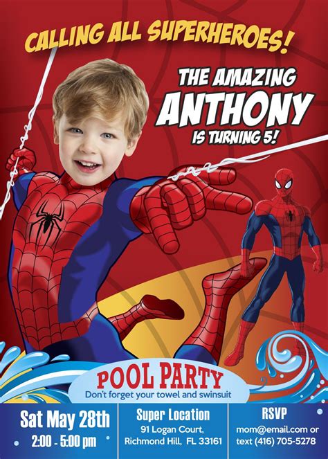 Spider Man Pool Party Invitation Spider Man Thank You Spiderman Birthday Invitations