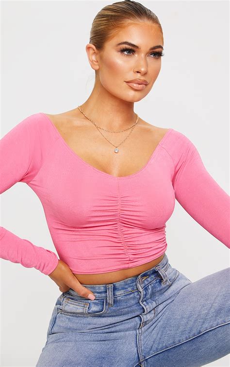 Pink Slinky Ruched Front Crop Top Prettylittlething Usa