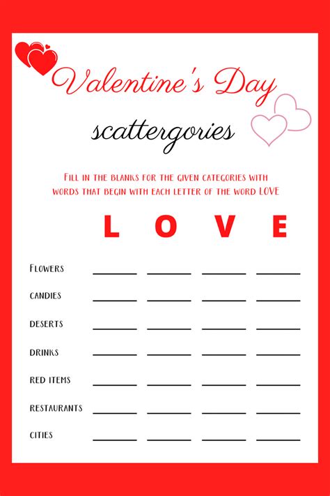 Printable Valentines Day Scattergories Instant Download Valentines Day