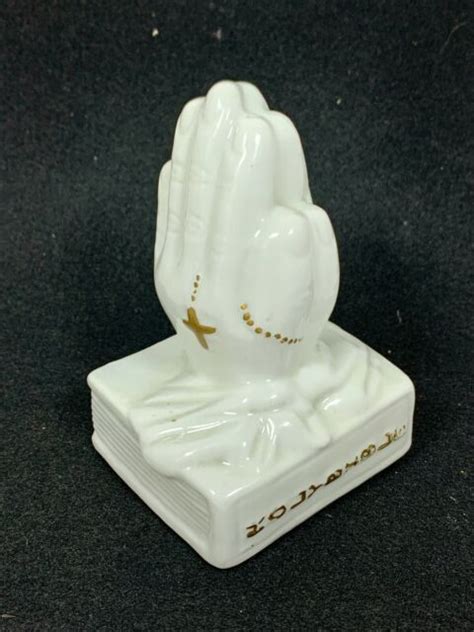 Ceramic Praying Hands On Holy Bible W Rosary Religious Figurine Ebay
