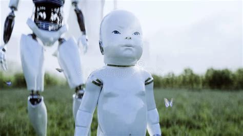 Mother Robot With Her Baby Robot In The Meadow On The Background Of A