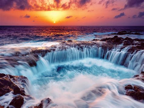 Gorgeous Falls In A Rocky Seashore At Sunset Hdr Hd