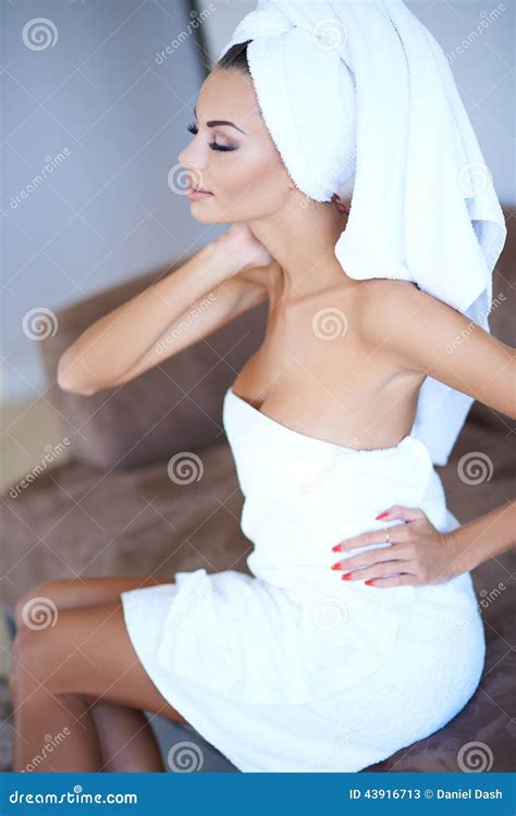 Woman Wearing Bath Towel With Hand On Hip Stock Image Image Of