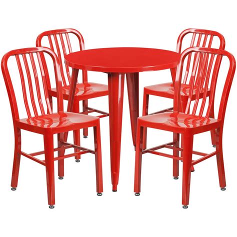 Commercial Grade 30 Round Red Metal Indoor Outdoor Table Set With 4