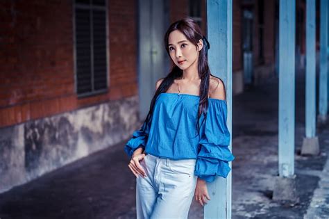 hd wallpaper asian model women long hair dark hair column jeans blue blouse wallpaper