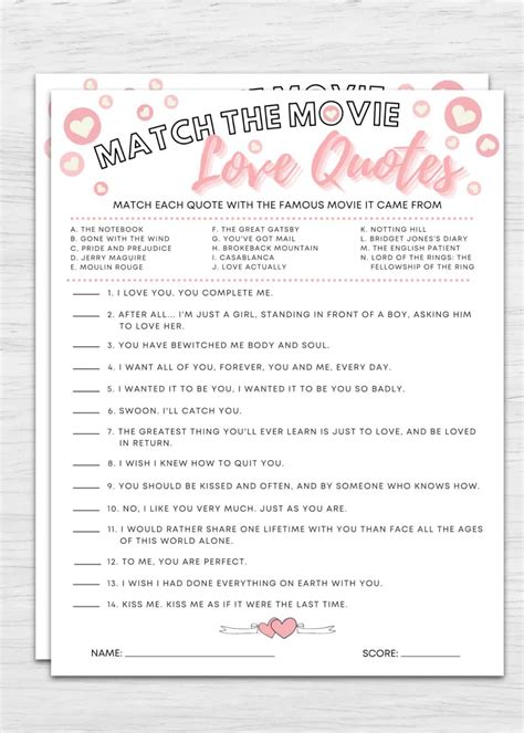 match the mushy movie love quotes printable bridal shower game totally
