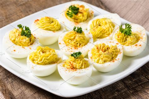 Filled Deviled Eggs On Plate High Quality Food Images ~ Creative Market
