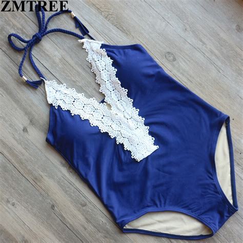 Zmtree Brand 2017 New Lace Swimsuit One Piece Swimwear Women Halter