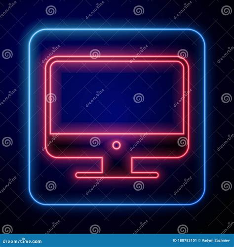 Glowing Neon Computer Monitor Screen Icon Isolated On Blue Background