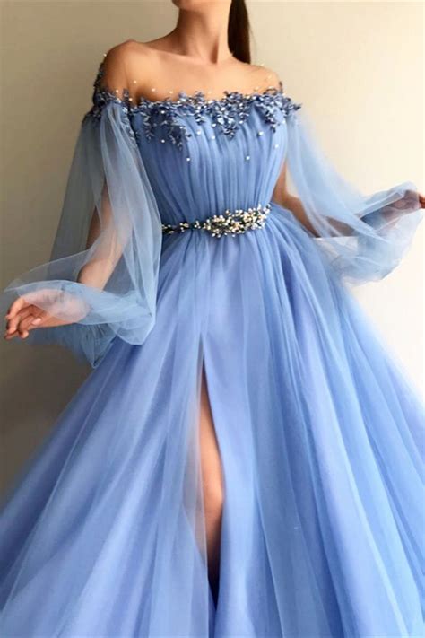 Blue Long Sleeve Tulle Prom Dresses With High Split Beaded Crystal