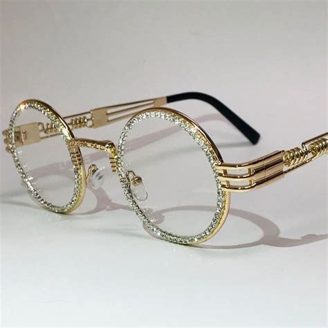designer bling diamond rhinestone round gold metal frame etsy vintage glasses men fashion