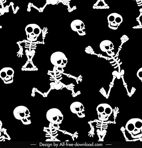 Halloween Pattern Template Black White Funny Skeleton Skulls Sketch