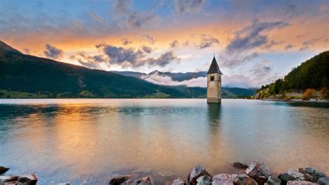 The Bell Tower In Lake Reschen In South Tyrol Italy Bing Gallery