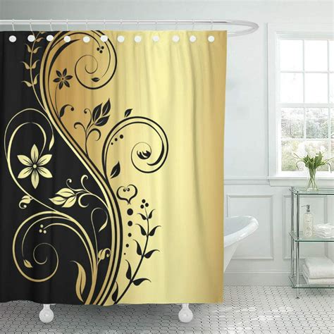 Cynlon Vintage Elegant Gold Floral Black Trendanista Chic Bathroom Decor Bath Shower Curtain