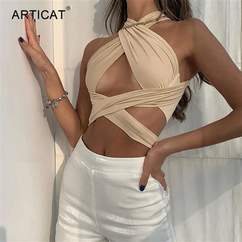 Articat Sexy Bandage Halter Crop Top For Women Fashion Backless Cross