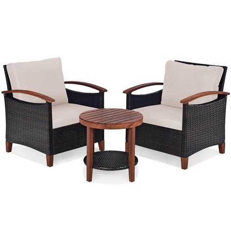 costway 3 piece wicker round outdoor bistro set with beige cushions qd