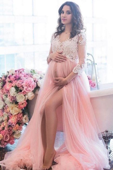 Blush Maternity Lace Dress For Photoshoot With Long Tulle Skirt Vestidos De Noche Para