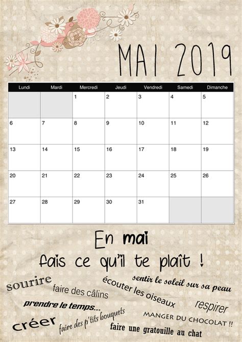 Calendrier Mai 2019 123 Flo Bricole