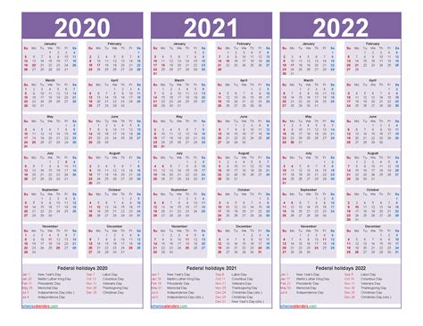 2020 2021 And 2022 Calendar With Holidays Printable