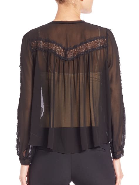 Lyst Rebecca Taylor Sheer Lace Detail Silk Blouse In Black