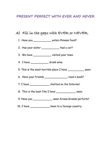 Present Perfect With Ever And Never Interactive Worksheet Quizalize