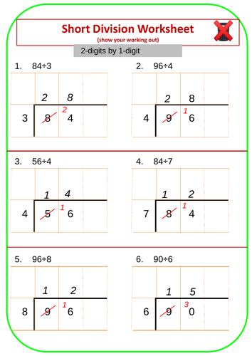 Short Division Worksheets With Answers Teaching Resources