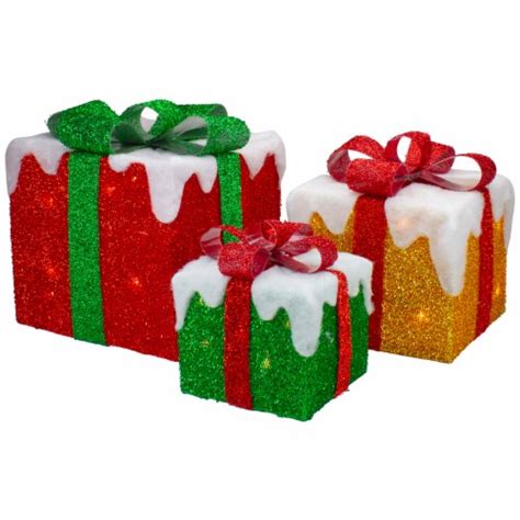Northlight Set Of 3 LED Lighted Green Gold And Red Snowy Gift Boxes