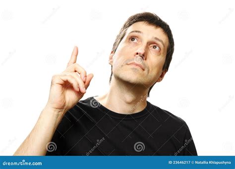 Young Man Pointing Up And Looking Upwards Stock Image Image Of Person