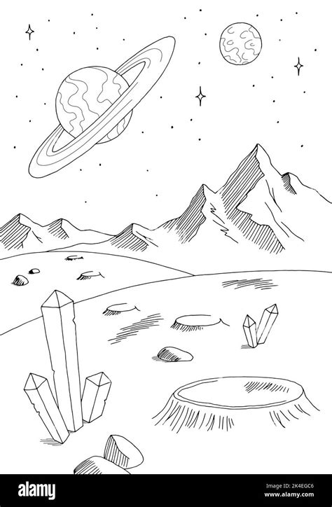 Alien Planet Graphic Black White Space Landscape Vertical Sketch