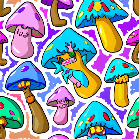 Trippy Vibrant Sticker Mushroom Kawaii Chibi Repeat Pattern · Creative