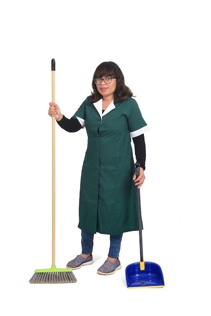 Premium Photo Portrait Of A Cleaning Woman With Broom And Dustpan On