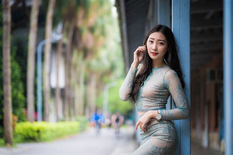 K Asian Bokeh Pose Dress Brunette Girl Glance Hd Wallpaper Rare Gallery