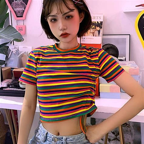 T Shirt Women Rainbow Striped Tops Harajuku Tshirt Summer Short Sleeve Drawstring Fashion O Neck