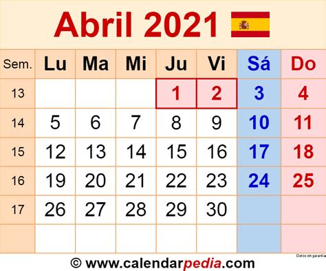 Calendario Abril 2021 En Word Excel Y Pdf Calendarpedia