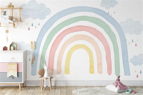 Watercolor Rainbow Wall Mural Colorful Rainbow And Raindrops Etsy