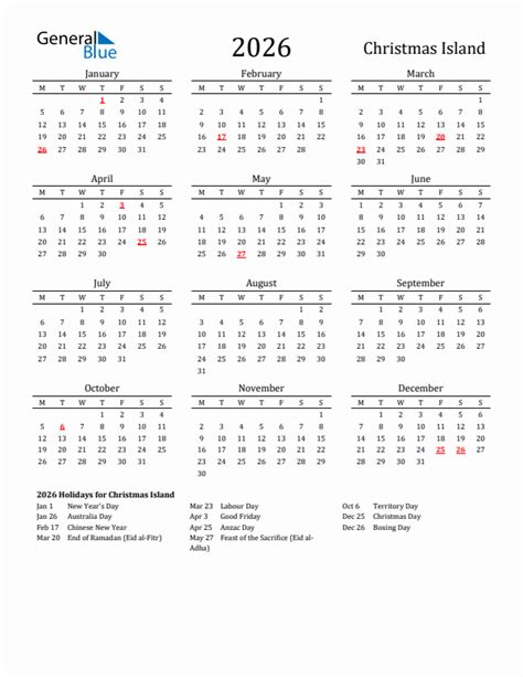 Free Christmas Island Holidays Calendar For Year 2026