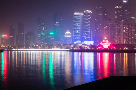 Waterfront Skyline Of Qingdao City At Night Stock Photo Image Of